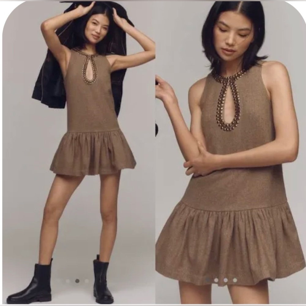 ANTHROPOLOGIE WOMEN WOOL BLEND BEADED NECKLACE SLEEVELESS MINI DRESS BROWN L NWT